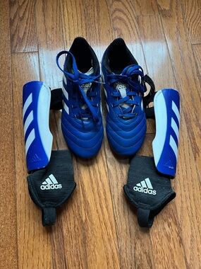 adidas Blue Youth Soccer Cleats with Blue & White Shin Guards